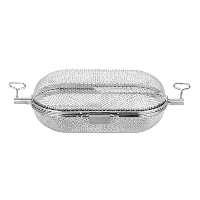 Abbildung von SANTOS XL Drehspieß Korb für Drehspieße (⌀ max 14mm) Edelstahl Grillkorb Grillzubehör Kartoffelspalten, Fleisch, Chicken Wings, Pommes, Gemüse, Obst &amp; Popcorn!