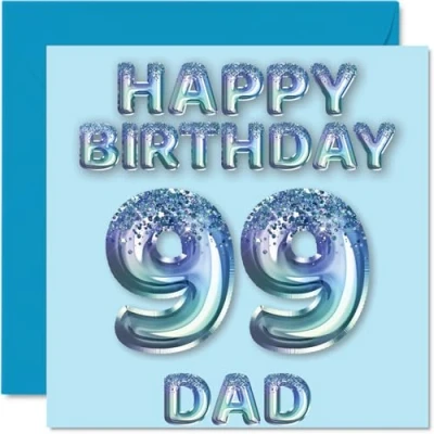 Abbildung von Geburtstagskarte zum 99. Geburtstag für Vater, blaue Glitzer Partyballons, Happy Birthday Karten 99 Jahre alten Vater vom Sohn, Tochter, 145 mm x mm, Geburtstagsgrußkarten, Geschenk