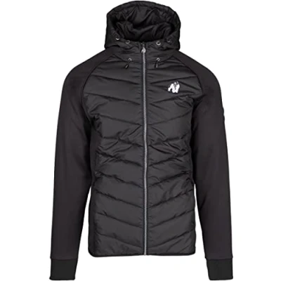 Abbildung von Gorilla Wear Felton Jacket Schwarz Bodybuilding Sport Alltag Freizeit mit Logo Aufdruck leicht und bequem für optimale Bewegung aus Polyester, M
