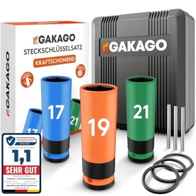 Abbildung von Gakago Steckschlüssel (Set, 3 tlg. Kraft Schoneinsatz für 17mm 19mm 21mm Radschrauben), 1/2 Zoll mit Sicherheitsstift und Ring