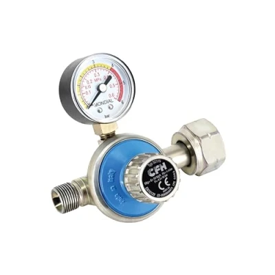 Abbildung von CFH Propan Druckregler Gasflasche stufenlos regulierbar 1 4 bar DR 115 Gasdruckregler mit Manometer, Eingang G.5 und Ausgang H.6 3/8&quot; gemäß EN 16129, Durchfluss 6 10 kg/h