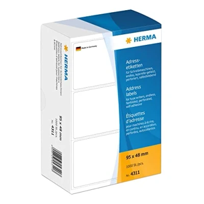 Abbildung von HERMA 4311 Adressetiketten für Schreibmaschinen, endlos, 95 x 48 mm, 1000 Stück, selbstklebend, matt, leporello gefalzt, blanko Papier Adressaufkleber Klebeetiketten Aufkleber, weiß