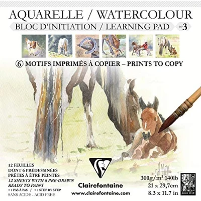 Abbildung von Clairefontaine 975147C Aquarellblock (mit Vordruck, verleimt, 12 Blätter, 300 g, 21 x cm, 100% Zellulose, besonders geeignet für diejenigen, die sich in der Aquarellmalerei versuchen möchten) weiß