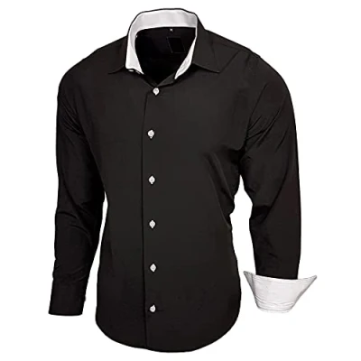 Abbildung von Baxboy Herren Hemd Slim Fit Bügelleicht für Anzug, Business, Hochzeit, Freizeit Langarm Hemden Männer Langarmhemd R 44, Farbe:Schwarz/Weiß, Größe:S