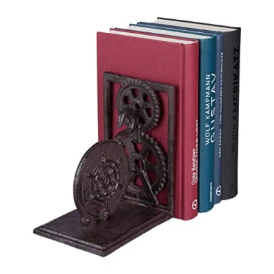 Abbildung von Relaxdays Buchstütze Retro, Gusseisen, Bücher, DVDs, Zahnräder, Steuerrad, Deko Buchwinkel HxBxT: 16 x 13 10 cm, braun