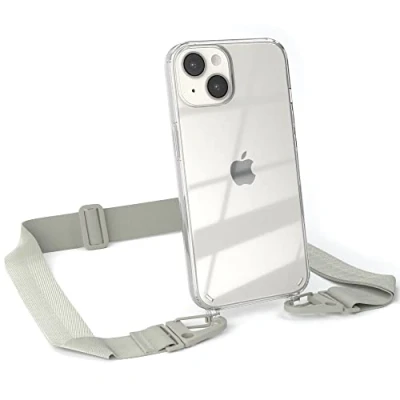 Abbildung von EAZY CASE Hülle mit Band kompatibel iPhone 14 Handyhülle Umhängeband für Silikonhülle Transparent Schutzhülle Handykette zum Umhängen Handykordel Smartphone in Taupe Grau