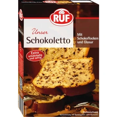 Abbildung von RUF Schokoletto, Backmischung mit Kakaoglasur für einen saftigen Rührkuchen, heller Rührteig zarten Schokoladen Flocken