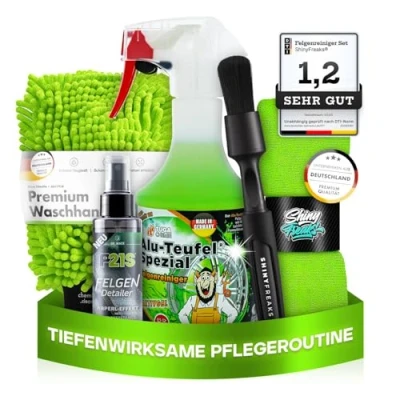 Abbildung von Felgenpflege Set: TUGA Chemie Alu Teufel Spezial (500ml) Premium Auto Felgenreiniger + Dr. Wack Felgen Detailer Zubehör schonende &amp; gründliche Reinigung für Alufelgen Stahlfelgen 8 teilig