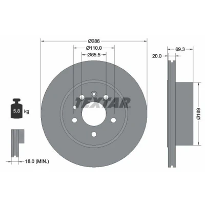 Abbildung von TEXTAR 92144900 Bremsscheibe 286 20 05/07 110 außenbelüftet ohne Radbefestigungsbolzen, Radnabe OPEL: Omega B Limousine, Caravan