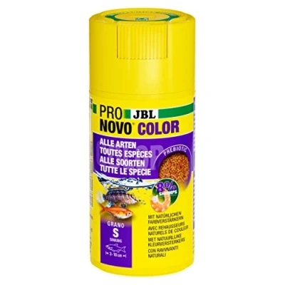 Abbildung von JBL PRONOVO COLOR GRANO CLICK, Farbfutter Granulat für alle Aquarienfische von 3 10 cm, Klickdosierer, Fischfutter Granulat, Größe S, 100 ml