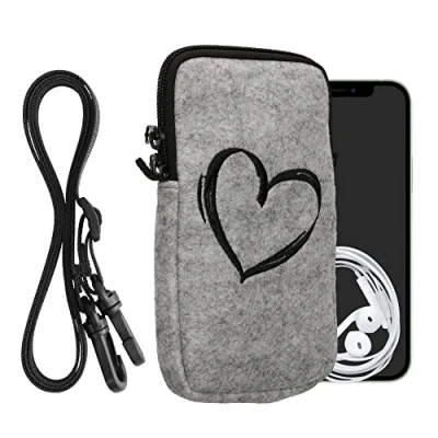Abbildung von kwmobile Handytasche für Smartphones L 6,5&quot; Filz Handy Hülle Schwarz Hellgrau Tasche mit Kette 16,5 x 8,9 cm Innenmaße Herz Brush