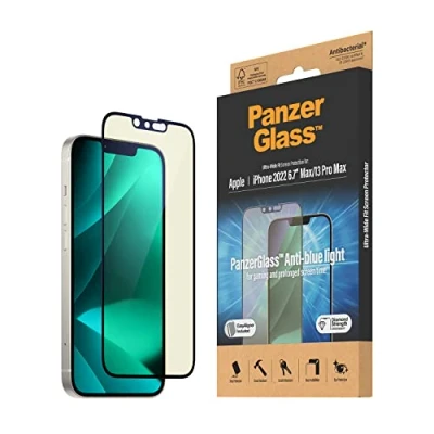 Abbildung von PanzerGlass™ Anti Blue Light Displayschutz für iPhone 14 Plus 13 Pro Max kratzfester und augenschonender Screen Protector mit Blaulichtfilter Retinaschutz Positionierhilfe