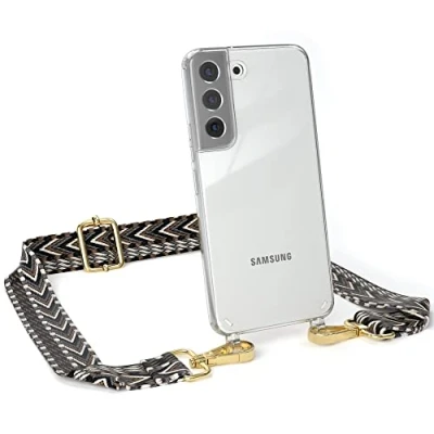 Abbildung von EAZY CASE Handykette Verstellbarer Gurt kompatibel mit Samsung Galaxy S22, Schulterriemen, Flache Kordel, Handykordel Hülle, Hülle Kette, Grau/Schwarz Metall Gold