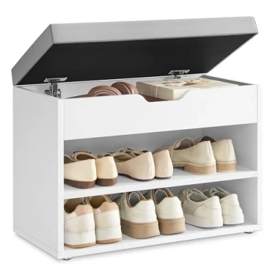 Abbildung von VASAGLE Schuhbank, Sitzbank, Schuhregal mit gepolstertem Kissen, Schuhorganizer 3 Ebenen, 30 x 60 44 cm, für Flur, Wohnzimmer und Schlafzimmer, wolkenweiß LHS020W01