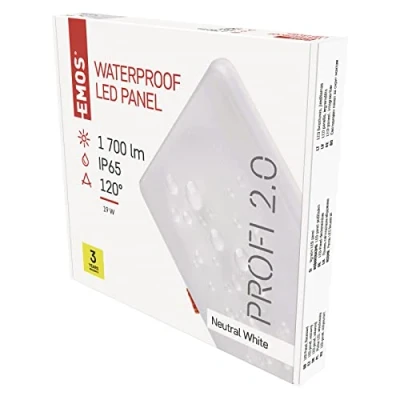 Abbildung von EMOS LED Panel Einbauleuchte 19W, extra flacher 1700 lm quadratischer Einbaustrahler, Neutralweiß 4000K, IP65 wasserdicht für Feuchträume oder Außen, Farbe weiß, Durchmesser 18,5 x cm, rahmenlos