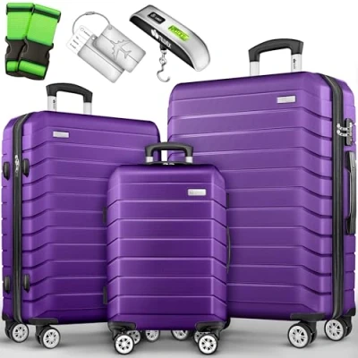 Abbildung von tillvex® Reisekoffer Set 3 TLG. + Gepäckwaage, 6X Koffergurte &amp; 3X Kofferanhänger Kofferset 4 Rollen Trolley Gepäck Koffer TSA Schloss Rollkoffer Hartschalenkofferset S M L XL (Lila)