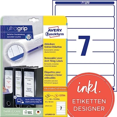 Abbildung von AVERY Zweckform L4760REV 20 Ordnerrücken Etiketten (210 Rückenschilder mit ultragrip, 38x192mm auf A4, wiederablösbar, schmal/kurz, selbstklebend, blickdicht, bedruckbare Aufkleber) 30 Blatt, weiß