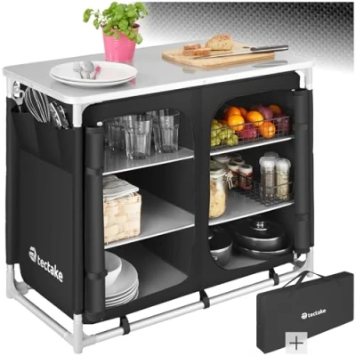 Abbildung von tectake® Faltbare Reiseküche, Camping Küche, Zubehör Küchenschrank, Campingtisch für Outdoorküche, Wohnwagen, Vorzelt, Auto Camping, Outdoor Campingküche mit Transporttasche schwarz