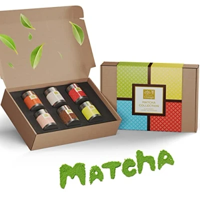 Abbildung von Tea Uniqo Matcha Pulver Tee Probierset 6 Sorten ideal zum Trinken, für Eis, Latte, Shakes, Backen oder Kochen Japanischer Grüntee Geschenkset, ohne künstliche Farbstoffe