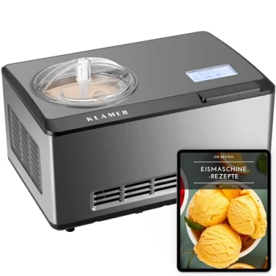 Abbildung von KLAMER Eismaschine 2 in 1 Eiscrememaschine &amp; Joghurtbereiter l, 180 W, aus Edelstahl m…, Raffiniertes Rührsystem, Nachfüllklappe, digitales Rezeptbuch