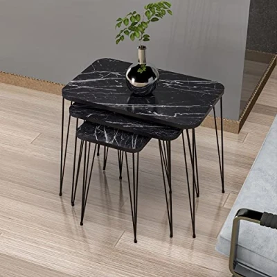 Abbildung von [en.casa] Beistelltisch Set Rudkøbing Satztisch 3er Schwarze Marmor Optik Wohnzimmertisch mit eckiger Tischplatte Hairpinlegs Metall Sofatisch