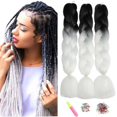 Abbildung von ShowJarlly Kanekalon Kunsthaar Haar, Haar Braids Extension, Ombre Jumbo Braid Haarverlängerung 24&quot;, Zöpfe Box Zum Einflechten Schwarz weiß#