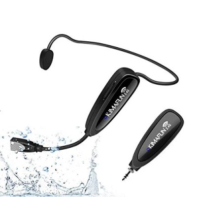 Abbildung von Drahtloses Fitness Mikrofon Headset, KIMAFUN Schweißfestes Wasserdichtes Headset mit Wiederaufladbarem Sender und Taschenempfänger für Lautsprecher, PA, Smartphone, Fitnesstrainer, Yoga