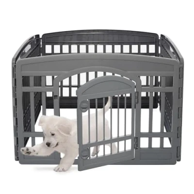 Abbildung von Iris Ohyama Welpenauslauf mit 4 Paneelen und abschließbarer Tür, H60cm, Öko Grau, Katzengehege, Hundebox, Für Outdoor, Indoor, Welpenlaufstall, Hundezaun, Welpenzaun, Laufstall Hund, CI 604E WD