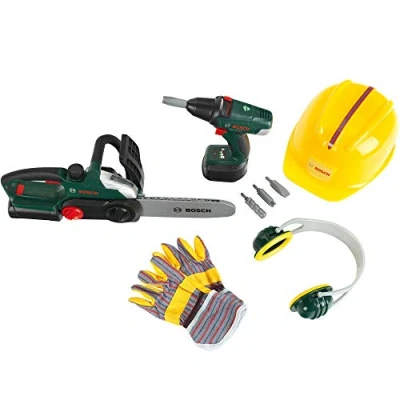 Abbildung von Theo Klein 8577 Bosch Bauarbeiter Set I Akkuschrauber und Kettensäge mit Licht Sound Inkl. Zubehör wie Helm, Handschuhe Ohrenschützer Spielzeug für Kinder ab 3 Jahren