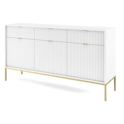 Abbildung von Selsey VELLORE Kommode 3 türig mit Schubladen, Weiß geriffelten Fronten goldenen Metallbeinen, 154 cm