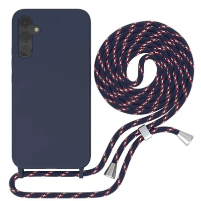 Abbildung von EAZY CASE Hülle mit Kette kompatibel Samsung Galaxy A34 Schutzhülle Kordel zum Umhängen,Umhängen Necklace, TPU Silikon Case, Blau Band Navy Camouflage Verschluss Silber
