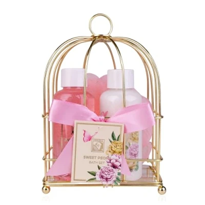 Abbildung von Accentra Duschset Frauen Geschenkset SWEET PEONY in wunderschönem Drahtkorb 3 teiliges Pflegeset mit Duschgel, Bodylotion und Badeschwamm Wellness Geschenk Set zum Muttertag &amp; Valentinstag