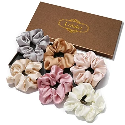 Abbildung von (6 Stück) Lolalet Haargummis Seide Scrunchies Satin für Damen, Haargummi Weich Elastisch Silk Skrunschis Groß Damen Frauen Mädchen 6 Farben Hellgrau Hellpink Rosa Beige Orange Weiß