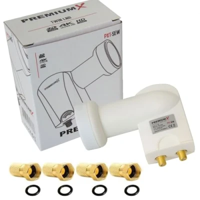 Abbildung von Premium X Twin LNB weiß SAT Direktanschluss 2 Teilnehmer Satellit TV Signalumsetzer DVB S2 HD 4K inkl. 4X F Stecker