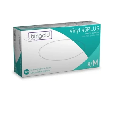 Abbildung von Bingold Einmalhandschuhe Vinyl 45PLUS transparent, Größe M, 100 er Pack