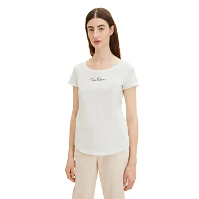 Abbildung von TOM TAILOR Damen 1036192 Basic T Shirt mit Schriftzug, 10315 Whisper White, M