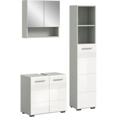 Abbildung von welltime Badmöbel Set &quot;Calicio, bestehend aus: Waschbeckenunterschrank, Spiegelschrank,&quot;, (3 St.), Hochschrank, hochwertige MDF Front mit Rillenfräsung
