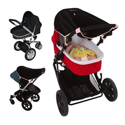 Abbildung von Universal Sonnenschutz für Kinderwagen und Buggys (06 m), blockiert 99% der UV Verdunkelung Babywanne hilft dem Baby beim Schlafen, limitierte Auflage, rosa Rand