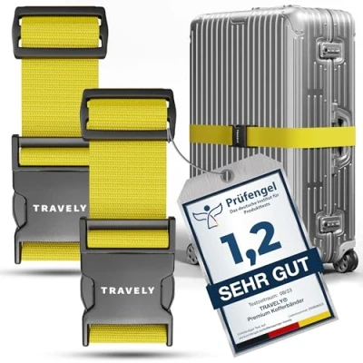 Abbildung von Travely® Premium Koffergurt Besonders Auffällig &amp; Sicher Inkl. 2 Namensschildern Gepäckband ideal über Kreuz [2er Set] Gelb
