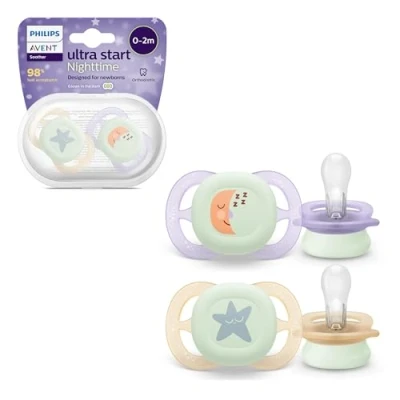 Abbildung von Philips AVENT Schnuller Ultra Start Nighttime 0 bis 2 Monate SCF075/07, kiefergerecht, mit leuchtendem Knopf, inkl. Sterilisationsbox