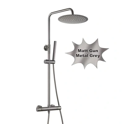 Abbildung von Görbach Regen Duschset mit Duscharmatur Komplettset, Edelstahl Duschsystem Thermostat Mischbatterie, Handbrause, Duschstange, Überkopfbrause D25cm Gunmetal Grau