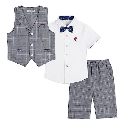 Abbildung von LOLANTA 4 teiliger Kinder Freizeit Anzug Set, Jungen Sommer Festlich Hochzeitsanzug, Kurzarm Hemd, Fliege, Weste, Kurze Hose, Grau kariert, 7 8 Jahre, 140