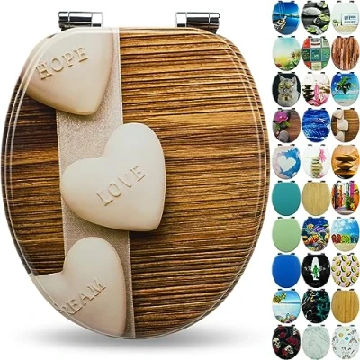 Abbildung von SANFINO® Premium WC Sitz mit Absenkautomatik hochwertige Toilettendeckel aus Holz, viele bunte Motive, hoher Sitzkomfort, einfache Montage inklusive Montageanleitung &quot;Hearts&quot;