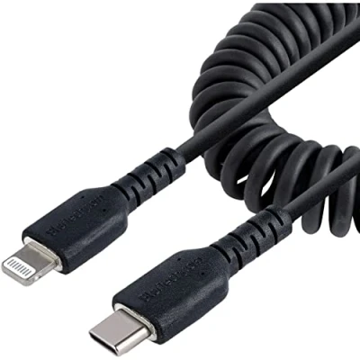 Abbildung von StarTech.com 50cm USB C auf Lightning Kabel, spiralkabel, MFi zertifiziert, Schnellladekabel für iPhone/iPad , schwarz, langlebiger TPE Mantel aus Aramidfaser, 2.0 Kabel (RUSB2CLT50CMBC)
