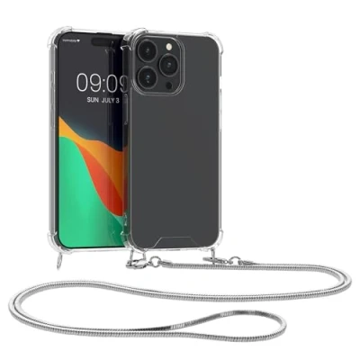 Abbildung von kwmobile Schutzhülle kompatibel mit iPhone 15 Pro Hülle Handykette Silikon Handyhülle Cover Case Silber Transparent