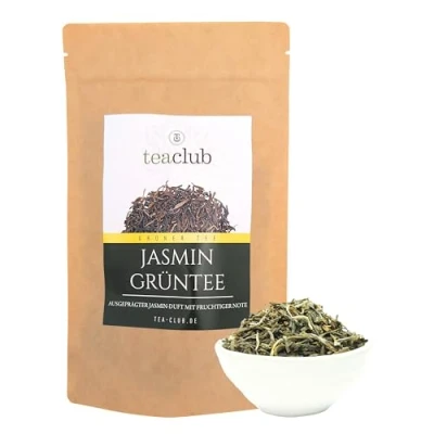Abbildung von Jasmintee Lose 100g, Grüner Tee mit Jasminblüten echt Aromatisiert, Jasmin Grüntee ausgeprägtem Duft, TeaClub Green Tea
