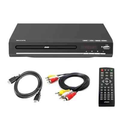 Abbildung von DVD Player für TV, DVD/CD/MP3/MP4, mit USB Anschluss, HDMI Ausgang und AV (HDMI Kabel im Lieferumfang enthalten), Fernbedienung (ohne Blu Ray), Farbe: Schwarz, ohne Region