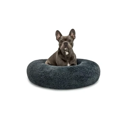 Abbildung von lionto Donutbett für Hunde und Katzen, Flauschiges Hundebett rund kleine große Heimtiere, Ø 70 cm, weiches Katzenbett aus kuscheligem Plüsch, Hundekissen mit extra Dicker Füllung, dunkelgrau