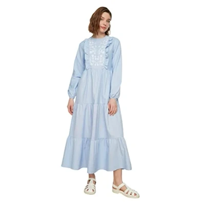 Abbildung von TRENDYOL Damen Woman Modest Maxi Smock Crew Neck Woven Dress, Blau, 40