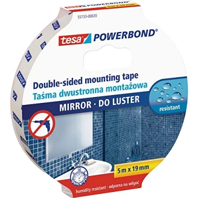 Abbildung von tesa Powerbond Mirror Doppelseitiges Montageband für Spiegel feuchtigkeitsbeständiges Klebeband Badezimmer und Dusche 5m x 19mm